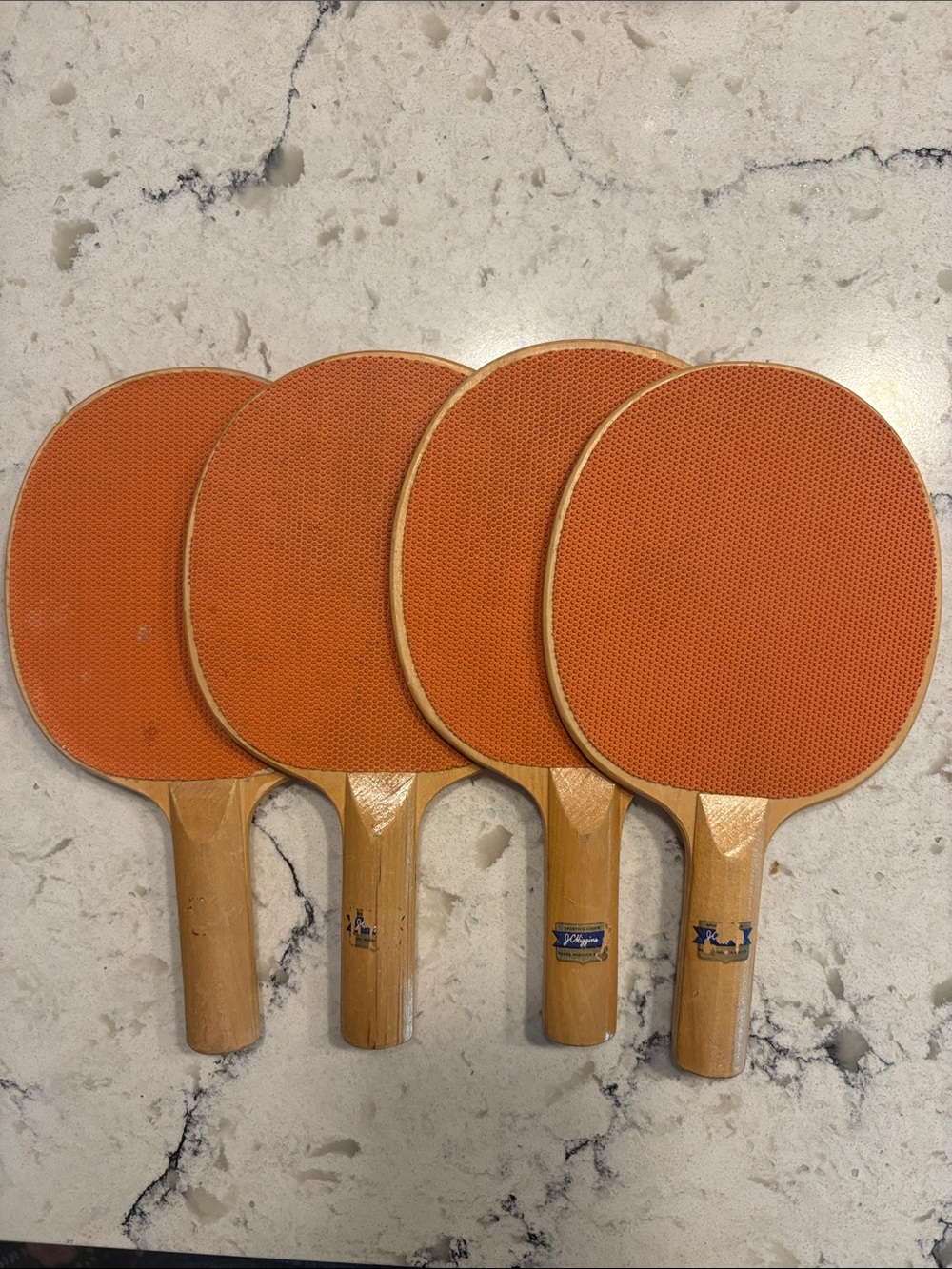 JC Higgins Vintage Wood Table Tennis Paddles with Orange Rubbers - Set of 4